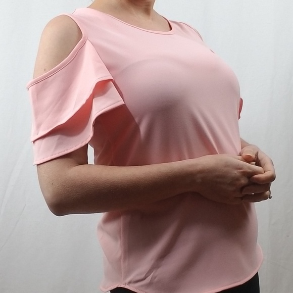 NWT COLD SHOULDER RUFFLE SLEEVE PEACH BLOUSE TOP - Picture 2 of 2